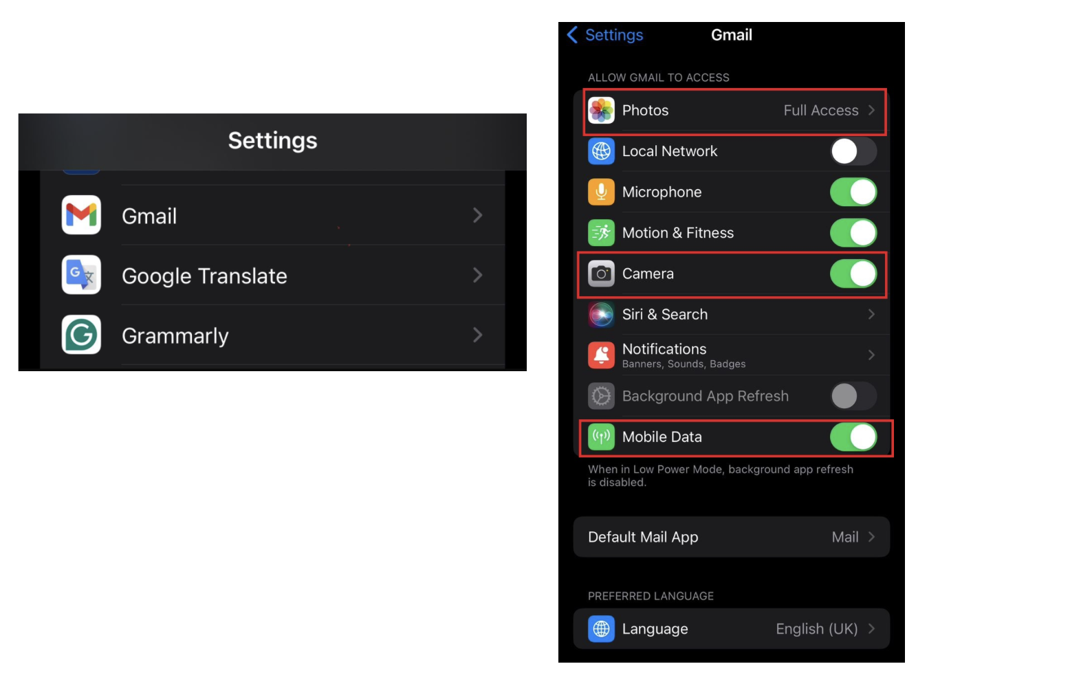 Enable all permissions, especially Mobile Data and Photos